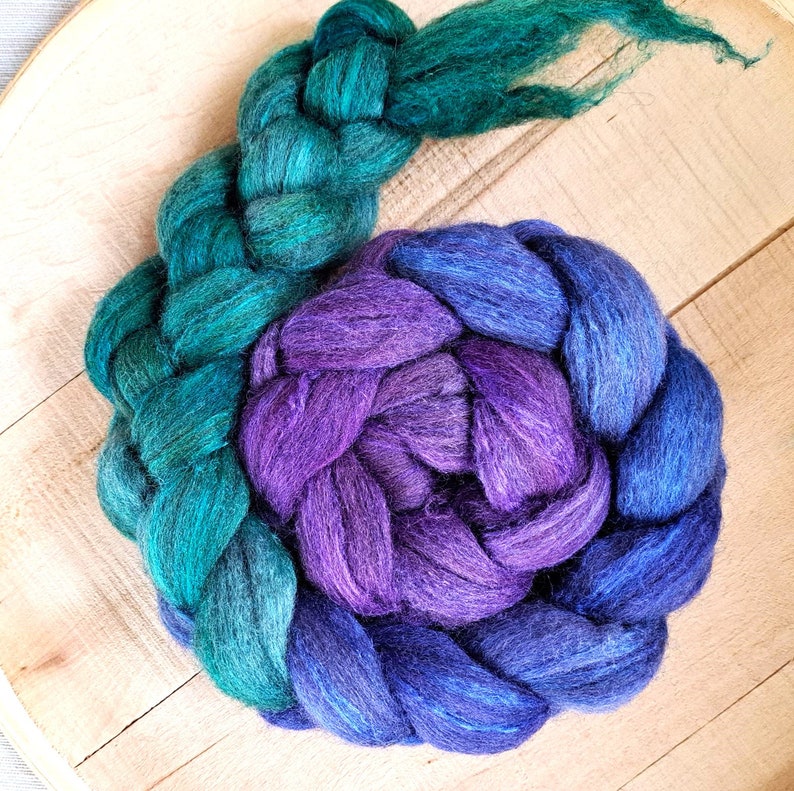 Hand Dyed Blue Face Leicester/Silk Blend Combed Top 4 Oz. Fibery Jewels Gradient/Fade image 2