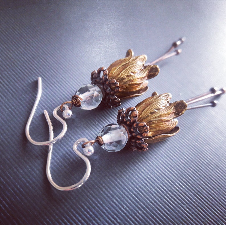 Brass and Aquamarine Tulip Earringsflower earrings