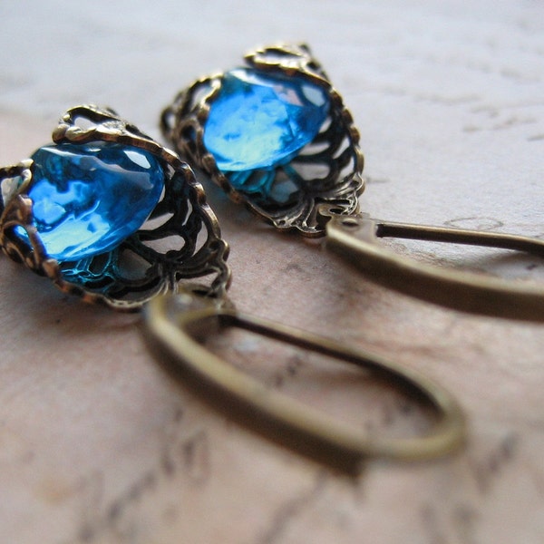 Gorgeous Blue Glass Jewels And Filigree Earrings