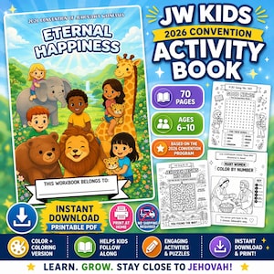 Puede incluir: Un colorido Libro de Actividades de la Convención JW Kids 2026 con el título "Eternal Happiness". La portada presenta niños de dibujos animados con animales. Incluye páginas para colorear, rompecabezas, para edades de 6-10 años. PDF imprimible.