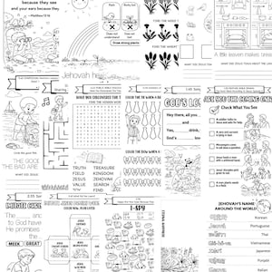 Op de afbeelding: Zwart-wit werkblad met diverse illustraties en tekst. Bevat een doolhof, een zoekspel en Bijbelse activiteiten. Bevat de tekst "Gelukkig zijn uw ogen, want zij zien, en uw oren, want zij horen".