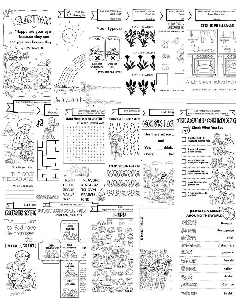 Op de afbeelding: Zwart-wit werkblad met diverse illustraties en tekst. Bevat een doolhof, een zoekspel en Bijbelse activiteiten. Bevat de tekst "Gelukkig zijn uw ogen, want zij zien, en uw oren, want zij horen".