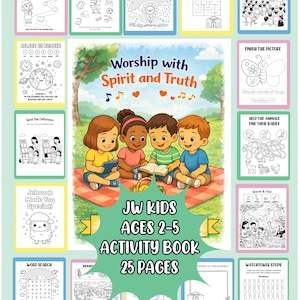 May include: A colorful activity book for children ages 2-5, featuring 25 pages of activities. The cover shows four children reading together. The book includes coloring pages, mazes, and word searches. The title reads "JW KIDS ACTIVITY BOOK".