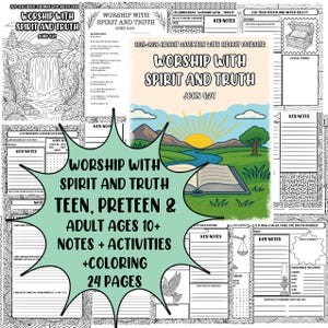 Può includere: Una raccolta di pagine di attività in bianco e nero con il testo "WORSHIP WITH SPIRIT AND TRUTH" e "JOHN 4:24". Le pagine includono attività di colorazione, note e attività per adolescenti, preadolescenti e adulti dai 10 anni in su. La copertina presenta un paesaggio.
