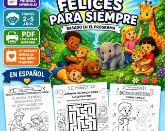 Può includere: Una copertina di libro di attività per bambini colorata con il testo "Felices Para Siempre" e "Asamblea Del 2026". L'immagine presenta bambini dei cartoni animati, animali e illustrazioni. Include pagine con attività di colorazione e testo in spagnolo.