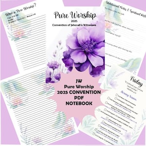 Puede incluir: Un cuaderno PDF titulado "Pure Worship 2025 Convention" con un diseño floral púrpura. El cuaderno incluye páginas rayadas para notas y un programa de la convención. El texto "JW" también es visible.