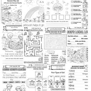 Op de afbeelding: Zwart-wit werkblad met illustraties en tekst. Bevat een doolhof, een woordzoeker en tekeningen van mensen en dieren. Bevat de tekst "Zondag" en bijbelverzen.