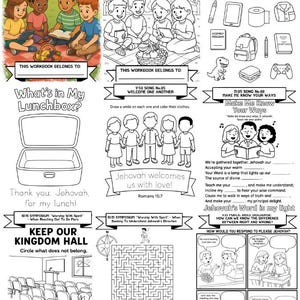May include: A children's activity workbook with the title "Worship with Spirit and Truth." The cover features illustrations of children reading and coloring. Inside are various activities, including coloring pages, mazes, and fill-in-the-blanks, all with religious themes.