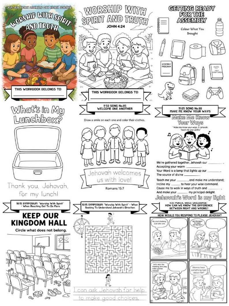 May include: A children's activity workbook with the title "Worship with Spirit and Truth." The cover features illustrations of children reading and coloring. Inside are various activities, including coloring pages, mazes, and fill-in-the-blanks, all with religious themes.