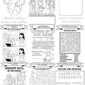 May include: Black and white activity sheet with illustrations and text. Includes a word search, a maze, and fill-in-the-blank sections. Features drawings of children and adults, and text related to faith and community.