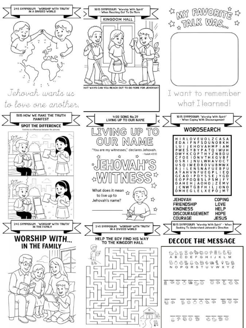 May include: Black and white activity sheet with illustrations and text. Includes a word search, a maze, and fill-in-the-blank sections. Features drawings of children and adults, and text related to faith and community.