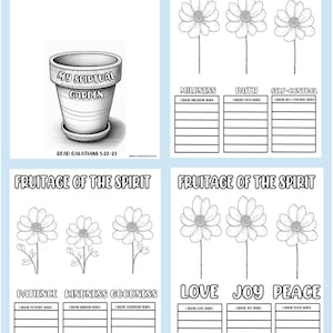 Può includere: Foglio di lavoro stampabile con un'illustrazione in bianco e nero di un vaso di fiori con il testo "My Spiritual Garden" e le parole "Read Galatians 5:22-23". Il foglio di lavoro è diviso in quattro sezioni, ciascuna con un'illustrazione in bianco e nero di un fiore e il testo "Fruitage of the Spirit". Ogni sezione contiene un elenco di virtù con righe vuote per scrivere.
