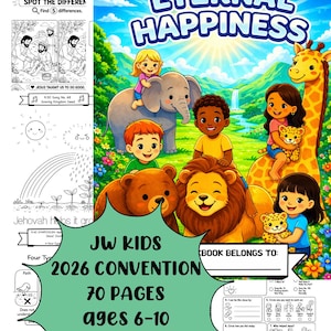 Op de afbeelding: Een kleurrijk activiteitenboek voor kinderen, met de tekst "2026 Conventie van Jehovah's Getuigen Eeuwig Geluk". De omslag toont cartoonkinderen met dieren. Het boek heeft 70 pagina's en is voor kinderen van 6-10 jaar.
