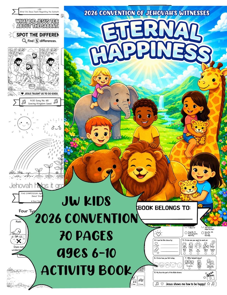 Op de afbeelding: Een kleurrijk activiteitenboek voor kinderen, met de tekst "2026 Conventie van Jehovah's Getuigen Eeuwig Geluk". De omslag toont cartoonkinderen met dieren. Het boek heeft 70 pagina's en is voor kinderen van 6-10 jaar.