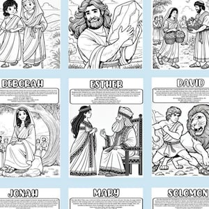 May include: Black and white colouring pages featuring biblical figures such as Ruth, Samson, Abigail, Deborah, Esther, David, Jonah, Mary, and Solomon. Each page includes a short description of the figure.