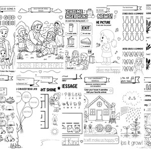May include: Black and white coloring page with various illustrations, including people, animals, and objects. Text includes phrases like "Jesus Helps People" and "I-SPY". The page is designed for children.