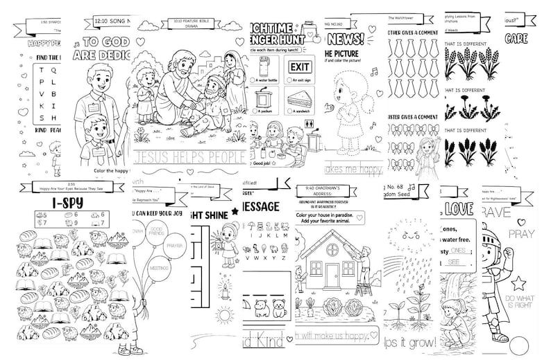 May include: Black and white coloring page with various illustrations, including people, animals, and objects. Text includes phrases like "Jesus Helps People" and "I-SPY". The page is designed for children.