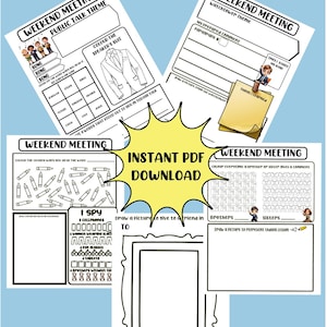 May include: A collection of printable activity sheets with the title "Weekend Meeting." The sheets include coloring pages, fill-in-the-blank sections, and drawing prompts. The phrase "Instant PDF Download" is prominently displayed.