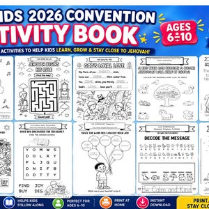 May include: A colorful activity book for kids aged 6-10, featuring engaging activities to help them learn, grow, and stay close to Jehovah. Includes coloring pages, mazes, word puzzles, and more. The book has 60 pages of fun and learning.