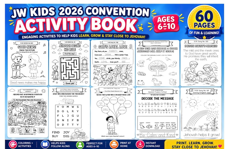 May include: A colorful activity book for kids aged 6-10, featuring engaging activities to help them learn, grow, and stay close to Jehovah. Includes coloring pages, mazes, word puzzles, and more. The book has 60 pages of fun and learning.