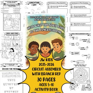 May include: A colorful activity book for children aged 5-10, featuring the text "JW KIDS 2025-2026 CIRCUIT ASSEMBLY WITH BRANCH REP." The cover shows three cartoon children and includes various puzzles and questions.