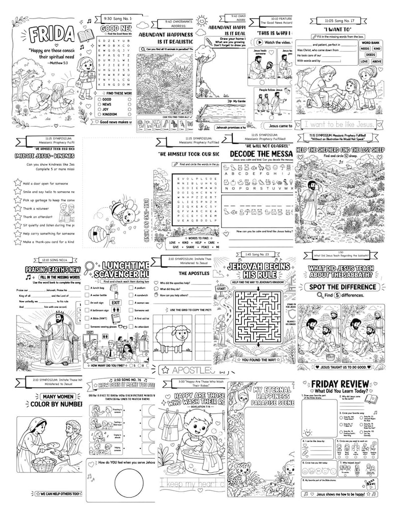 Op de afbeelding: Zwart-wit activiteit pagina's met verschillende religieuze thema's, waaronder doolhoven, woordzoekers en kleurplaten. De pagina's bevatten illustraties van Jezus, schapen en andere bijbelse sc&egrave;nes, met tekst in het Engels.