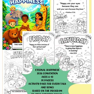 Op de afbeelding: Een kleurrijk kinderwerkboek met de titel "Eternal Happiness" voor het congres van 2026. De omslag toont cartoon dieren en kinderen. Het werkboek bevat activiteitenpagina's voor lezingen en liedjes, bedoeld voor kinderen van 6-10 jaar.