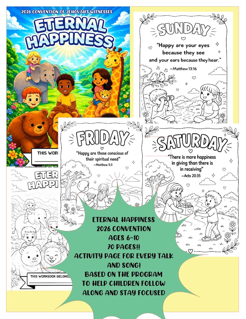 Op de afbeelding: Een kleurrijk kinderwerkboek met de titel "Eternal Happiness" voor het congres van 2026. De omslag toont cartoon dieren en kinderen. Het werkboek bevat activiteitenpagina's voor lezingen en liedjes, bedoeld voor kinderen van 6-10 jaar.