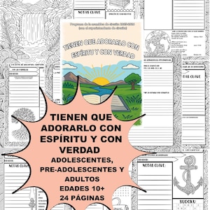 Op de afbeelding: Een kleurboek met de Spaanse tekst "TIENEN QUE ADORARLO CON ESPÍRITU Y CON VERDAD". Het is bedoeld voor adolescenten, pre-adolescenten en volwassenen van 10 jaar en ouder, met 24 pagina's. Het bevat illustraties en notitiegedeeltes.