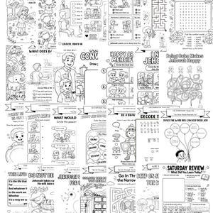 Op de afbeelding: Een zwart-wit activiteitenblad met diverse illustraties en tekst. Het blad bevat doolhoven, woordzoekers en invulactiviteiten. De tekst bevat zinnen als "Jehovah comforts us" en "Saturday Review".