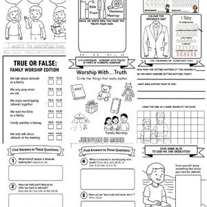 May include: Black and white line art of a children's activity sheet with text and illustrations. The sheet includes sections for writing, drawing, and answering questions about faith and worship. The phrase "I belong to Jehovah" is at the bottom.
