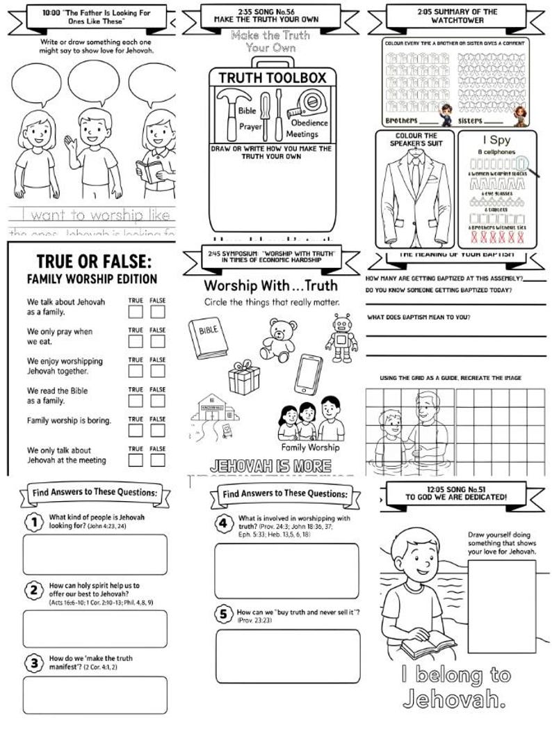 May include: Black and white line art of a children's activity sheet with text and illustrations. The sheet includes sections for writing, drawing, and answering questions about faith and worship. The phrase "I belong to Jehovah" is at the bottom.