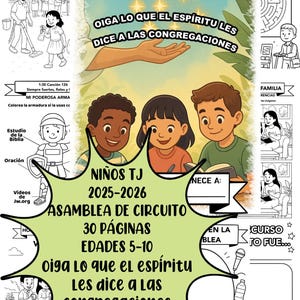 Pode incluir: É apresentado um livreto de atividades infantis com o título "NIÑOS TJ 2025-2026 ASAMBLEA DE CIRCUITO". O livreto apresenta ilustrações de crianças, texto e vários prompts de atividades. O livreto foi concebido para crianças dos 5 aos 10 anos.