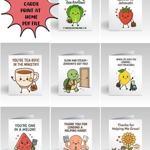 Könnte beinhalten: Eine Sammlung von JW-Grußkarten mit verschiedenen Cartoon-Charakteren und aufmunternden Botschaften. Die Karten zeigen eine Salat, eine Erdbeere, eine Teetasse, eine Schildkröte, eine Zitrone, eine Wassermelone, einen Oktopus und eine Sonnenblume, jeweils mit einem einzigartigen Satz.