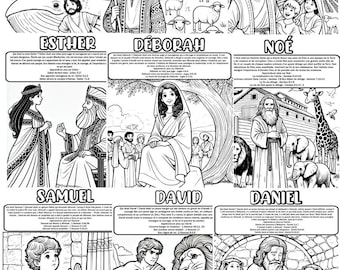 May include: Black and white coloring page featuring illustrations of biblical figures, including Jonah, Joseph, Job, Esther, Deborah, Noah, Samuel, David, and Daniel. Each figure is accompanied by a short description of their story from the Bible.