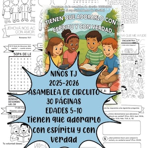 Puede incluir: Un programa de asamblea infantil colorido titulado "NIÑOS TJ 2025-2026" con el tema "Tienen que adorarlo con espíritu y con verdad". La imagen presenta ilustraciones de niños, texto y un laberinto.