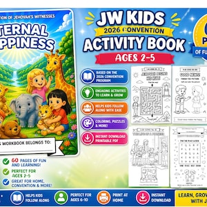 May include: A colorful activity book for kids, titled "JW Kids 2026 Convention Activity Book," with the theme "Eternal Happiness." It features illustrations of children, animals, and activity pages. Includes 60 pages of fun and learning.