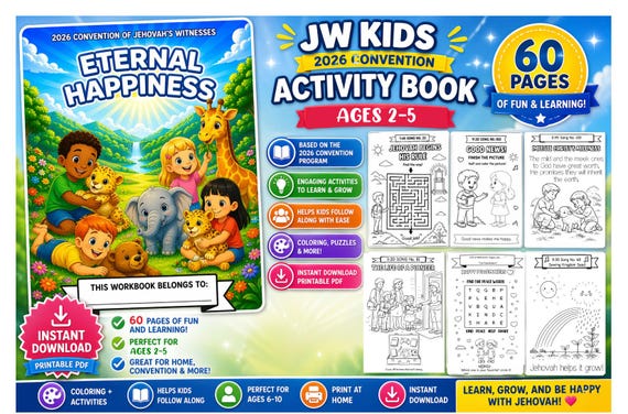 AGES 2-5 Eternal Happiness Convention Workbook for Kids  | JW Kids and toddlers Activity Book | Jehovah Witness Printable PDF