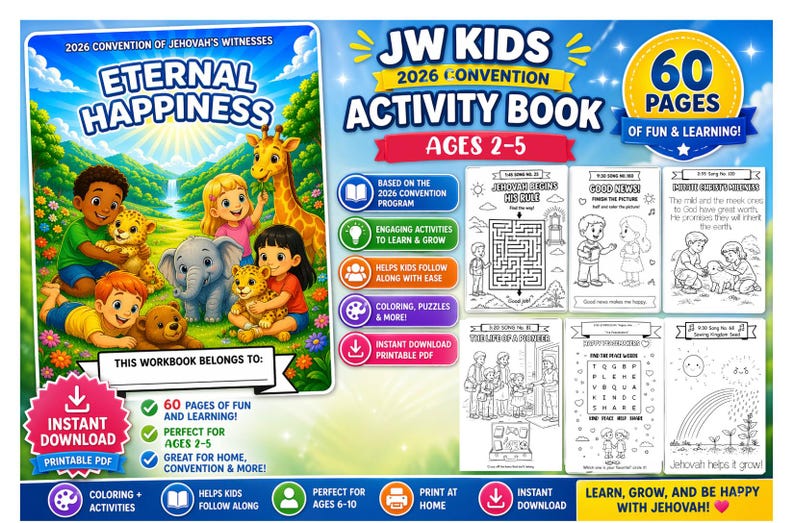 May include: A colorful activity book for kids, titled "JW Kids 2026 Convention Activity Book," with the theme "Eternal Happiness." It features illustrations of children, animals, and activity pages. Includes 60 pages of fun and learning.