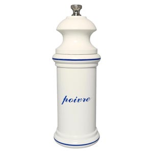 May include: A white ceramic pepper mill with a blue stripe detail and a stainless steel top. The word "poivre" is written in blue script on the front. A kitchen accessory.