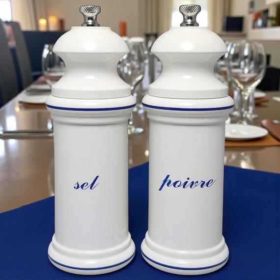 French Provencal Salt and Pepper Grinder Set - White & Blue - Made in Maine, USA