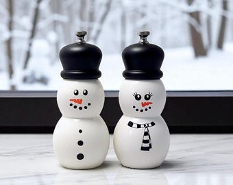Wooden Snowman Salt & Pepper Grinder Set: Holiday Table Decor, Made in Maine, USA
