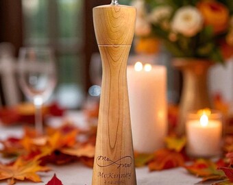 Personalized Wedding Salt and Pepper Mills: Engraved Cherry Wood Gift