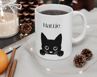 Caneca personalizada de gato preto, presente para quem ama gatos com nome personalizado, caneca de café engraçada com gato, caneca de chá fofa com gatinho, presente de pai e mãe de gato, caneca para donos de animais de estimação