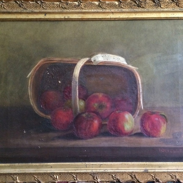 Antique Oil Painting Apples Farmhouse Kitchen Decor