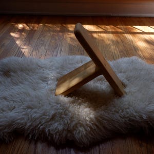 Op de afbeelding: Een houten standaard met een T-vormig ontwerp ligt op een witte, zachte vloerkleed. De standaard is gemaakt van lichtgekleurd hout en is iets schuin geplaatst. Het vloerkleed ligt op een houten vloer, met zonlicht dat de sc&egrave;ne overspoelt.