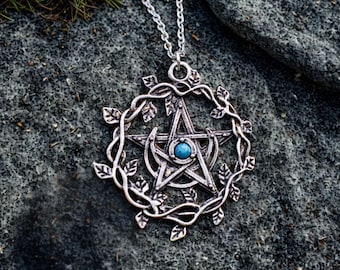 Wiccan Pentagram Necklace: Pewter Leaf Wreath, Gothic Moon Jewelry