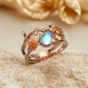 Ahornblatt Ring, Ast Ring, funkelnde Faux Mondstein Ring, Blätter Ring, Baum Verlobungsring