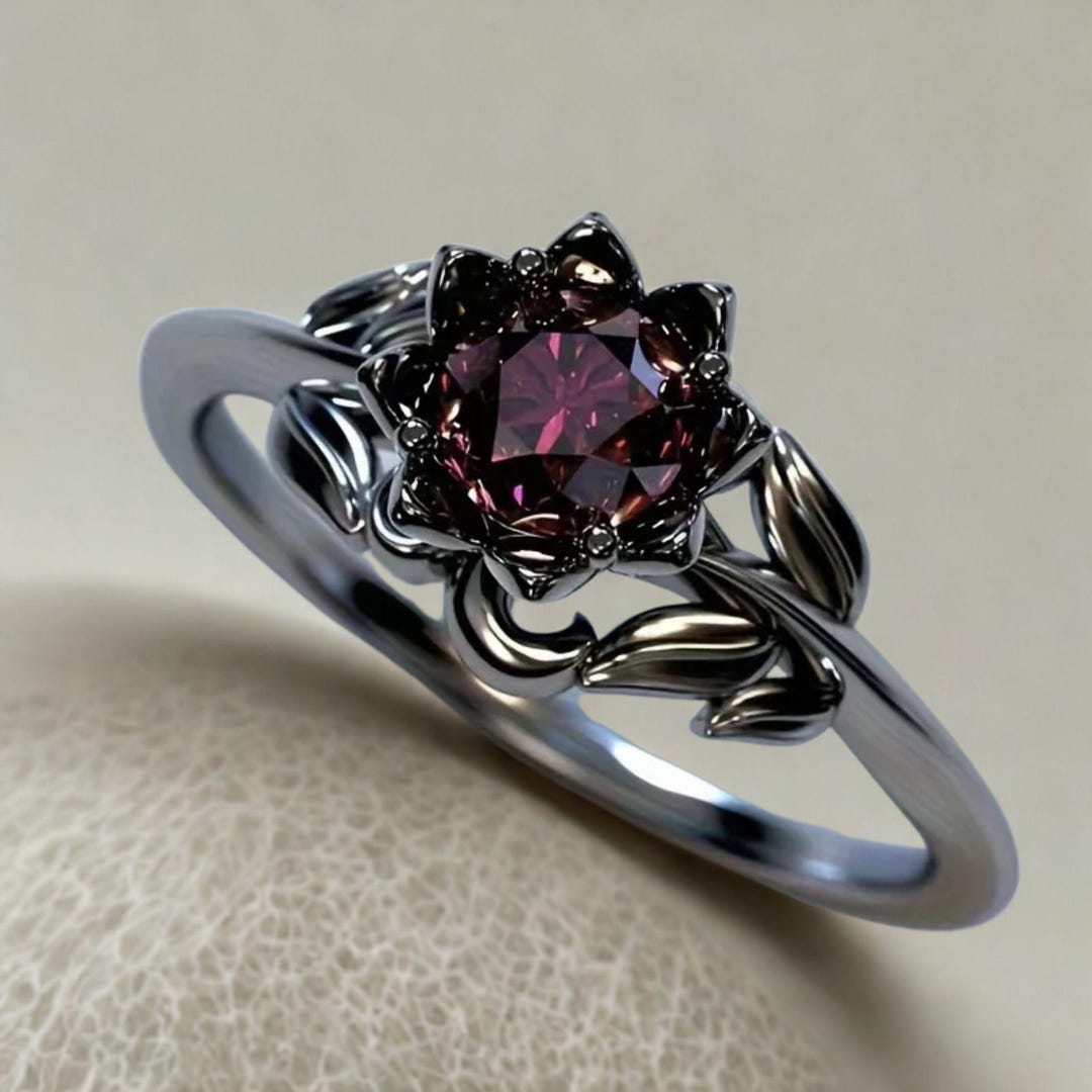 Black Flower Ring With Red Zircon, Witchy Boho Ring, Gothic Flower Ring, Crystal Floral Engagement Ring, Nature-inspired Jewelry Gift - Etsy Japan