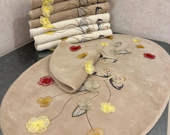 Ensemble de tapis et tapis brodés de luxe 100 % coton - Tapis de bain ovale 2 pièces avec